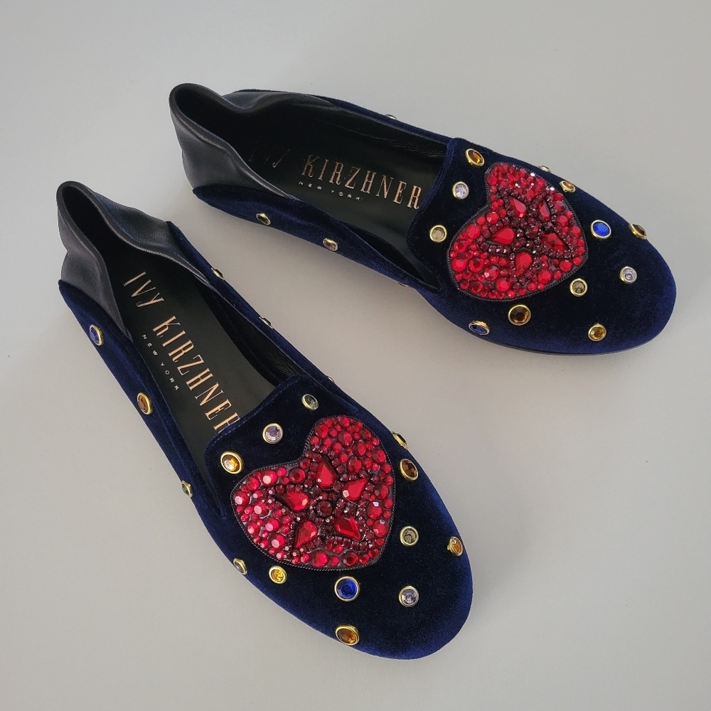 Ivy Kirzhner Navy Velvet Flats with Red Jeweled Heart & Multicolored Studs